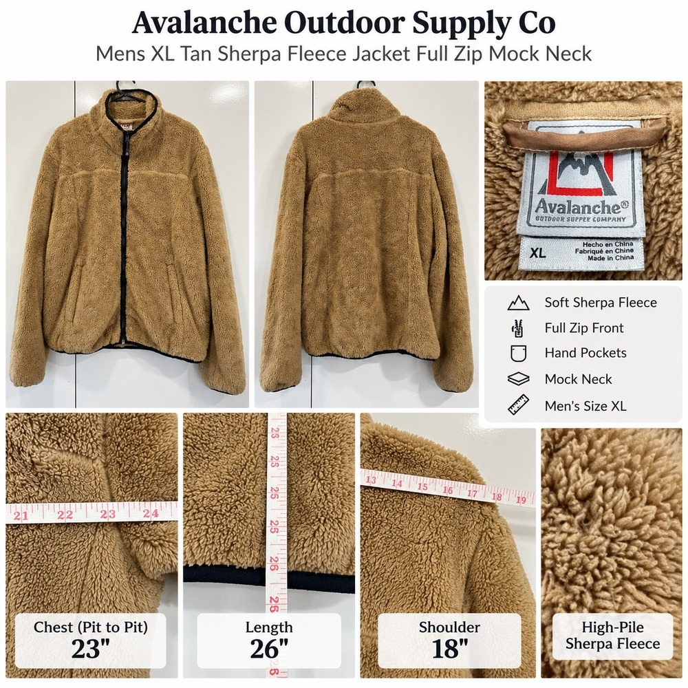 Avalanche Outdoor Supply Co Tan Sherpa Fleece Full Zip Jacket Mens XL Mock Neck